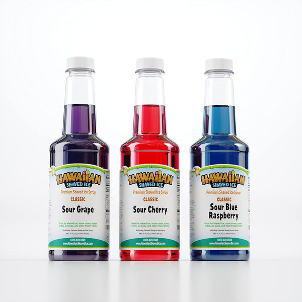 Hawaiian Shaved Ice Syrup Pint 3-Pack, Sour Cherry, Sour Grape, & Sour Blue Raspberry for Slushies, Allergy-Friendly