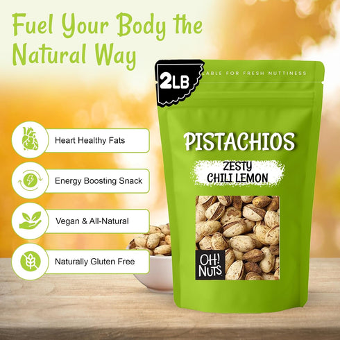 2 LB Packed Oh! Nuts Spiced Pistachios with Chili Lemon Flavor, Bold & Tangy Snack, Tajin-Style Seasoning, Chili