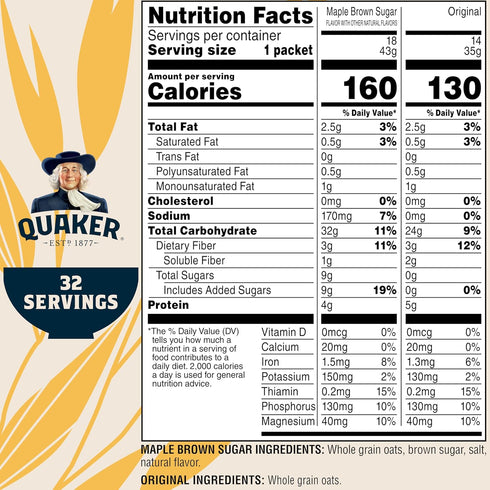 2 Pack, 32 Count Quaker Instant Oatmeal, Flavor Gluten Free Variety