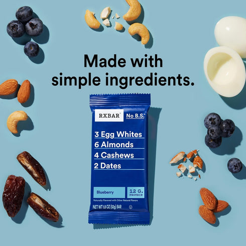 9.1oz (5 Count) RXBAR Protein Bars, Protein Snack, Snack Bars, Blueberry, Box