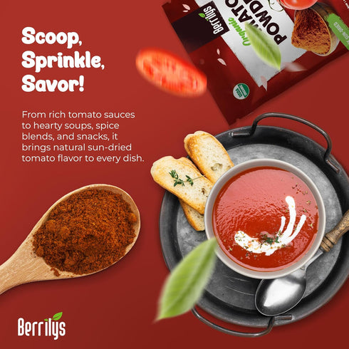 10 Oz Berrilys Dried Tomato Powder with Salt, USDA Organic Certified, Dehydrated, Ground, Great for Pizza, Pasta
