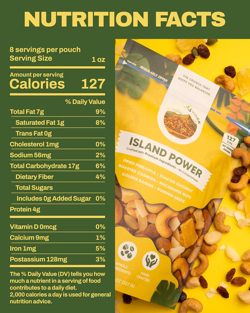 Packs Pack 1 (8 oz) SteadyCrunch Island Power Trail Mix - Gluten Free & Vegan Travel Snacks - Mixed Nuts, Dried Fruit