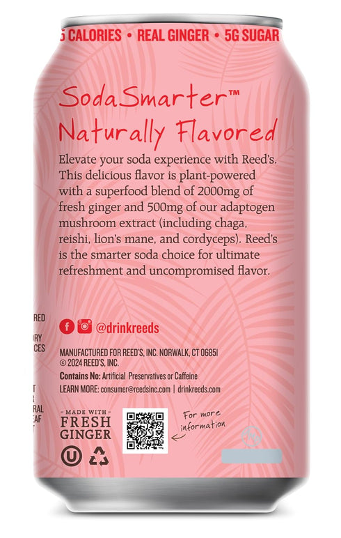 12oz 12-Pack Reed's Strawberry Vanilla Functional Soda - Organic Ginger, Adaptogen Mushroom Blend, Prebiotics - Cans