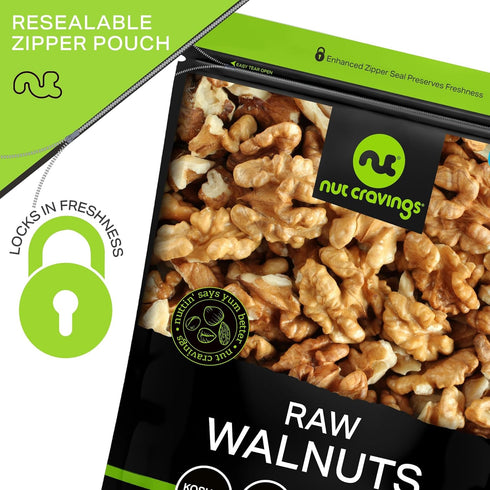 (16oz 1 LB) Packed NUT CRAVINGS - Raw Walnuts Halves & Pieces, Unsalted, Shelled, - Fresh in Resealable Bag - Kosher