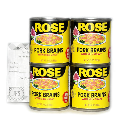 JFS Grocery Rose Pork Brains, 4-7oz Cans Bundled with a JFS Recipe Card (Pack