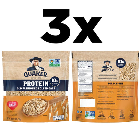 10g 16 oz (Pack 3) Quaker Protein Old Fashioned Rolled Oats, Protein per Serving, Whole Grains, No Preservatives, No
