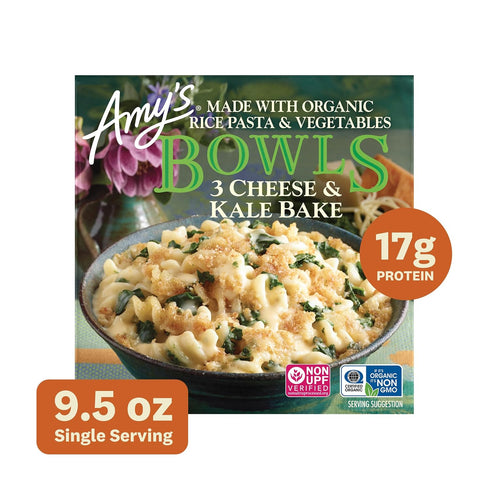 Frozen 8.5 Oz Amy's Meals, Three Cheese Kale Bake Bowl, Made With Organic Rice Pasta and Vegetables, Microwave Meals