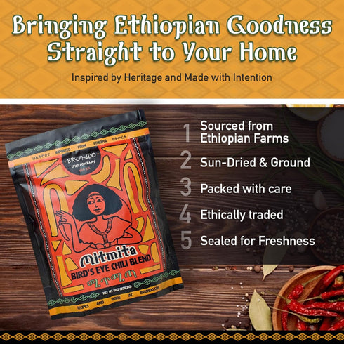Brundo Ethiopian Spice Company Mitmita - Authentic Ethiopian Spice Blend with Bird's Eye Chili Pepper (8 oz)