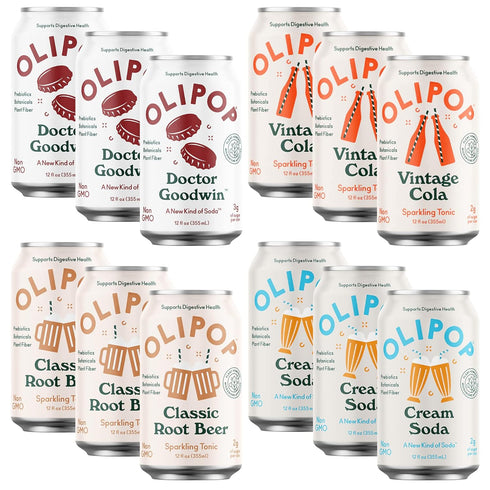 OLIPOP - 4-Flavor Sparkling Tonic Retro Greatest Hits Variety Pack, Prebiotic Soda