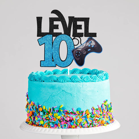 Level 10 Game Birthday Cake Topper - Blue Cake Supplies for Boy's 10th Birthday Level Up Party - Game On Winner