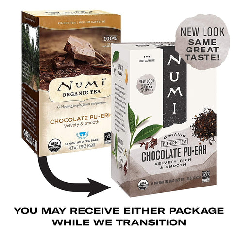 96 Numi Organic Chocolate Pu-erh Tea, Dark Tea Bags, Aged Yunnan Pu-erh Tea with Cocoa