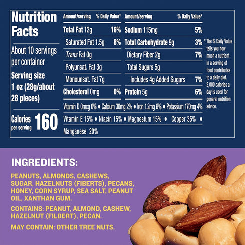 10 oz (Pack 6) PLANTERS Mixed Nuts Honey Roasted, Party Snacks, Plant-Based Protein, Canister
