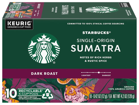 100% 10 (Pack 3 Starbucks Coffee K-Cup Pods, Single-Origin Sumatra Coffee, Dark Roast Arabica Coffee, Keurig Genuine