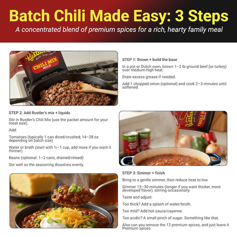 Rustler's 1.25 oz (3 Pack) Chili Mild Seasoning Mix - Low Sodium, No MSG, Gluten-Free, Versatile for Ground Beef, Beans
