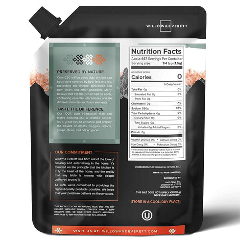 2.2 lb 1 Willow & Everett Himalayan Pink Salt Coarse Grain for Grinder/Mill Refill Easy Pour Spout - Non-GMO Kosher