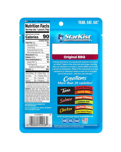 (2.6 oz 12 Pack) StarKist Chicken Creations Original BBQ Pouch - Fully Cooked High Protein White Meat, Gluten Free, Soy
