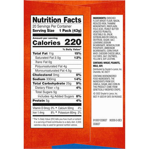 20 Packs, 6 Lance Sandwich Crackers, ToastChee Peanut Butter, Individually Wrapped Sandwiches Each