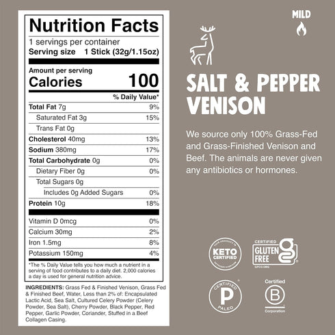 10-Pack Whole30 10g Chomps Grass-Fed & Finished Salt & Pepper Venison Jerky Meat Snack Sticks - Keto, Paleo, Low Carb