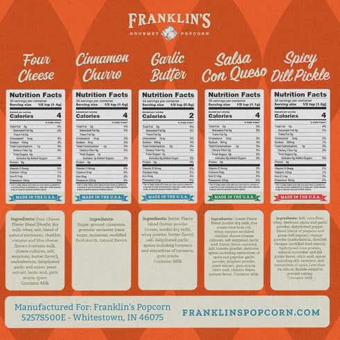 Pack 5 Set Franklin's Gourmet Popcorn Seasoning Powder Variety in Flavors - Made in USA - Dill, Garlic, Cheese