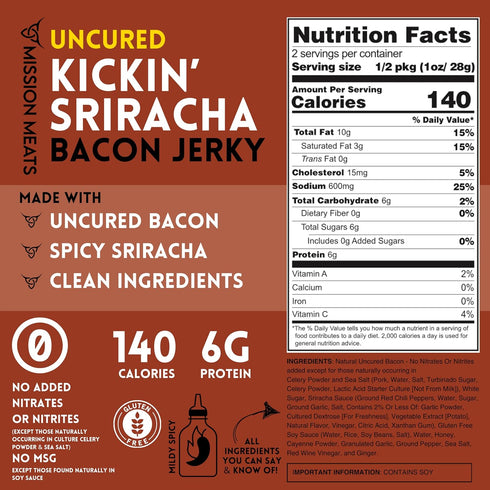 Mission Meats Candied Bacon Jerky (Sriracha) - Delicious Savory & Sweet Snack, Gluten Free, 2oz (Pack of 3)