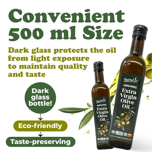 16.9oz (500ml) (Pack 2) Food To Live Organic Extra Virgin Olive Oil, Cold-Pressed. Polyphenol Rich. Non-GMO. Glass