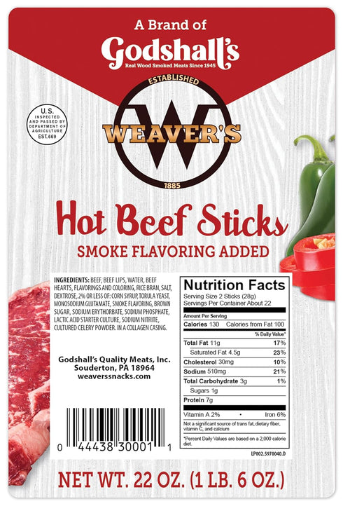 (44 7" 22oz Weavers Hot Beef Sticks hot & spicy beef sticks per bag)