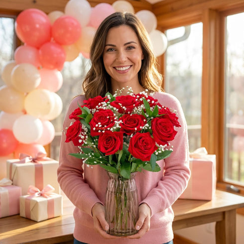 Dozen Benchmark Bouquets - Red Roses Bouquet - Fresh Flowers for Delivery - Mothers Day Flowers - One Long Stem Roses