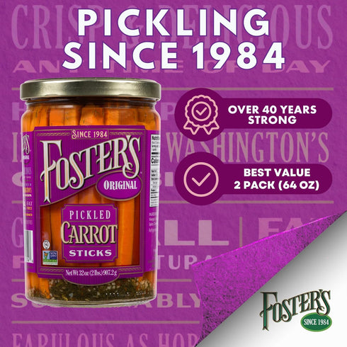 32oz, 2 Pack, 40 Foster's Pickled Carrots in a Jar, Original, Traditional Pickled Carrot Sticks Recipe for over years