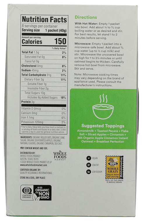 365 1.41 Packets (Pack 8) by Whole Foods Market, Organic Instant Oatmeal, Apple Cinnamon, Ounce