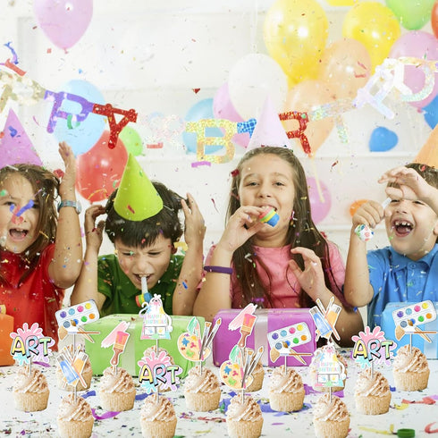 Art Birthday Party Decorations Girl - 24pcs Art Paint Party Cupcake Toppers for Rainbow Art Birthday Supplies