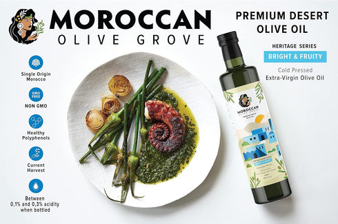 100% 16.9 oz (500ml) (500ml MOROCCAN OLIVE GROVE - Bright & Fruity - Premium Desert Extra Virgin Cold Extracted Olive