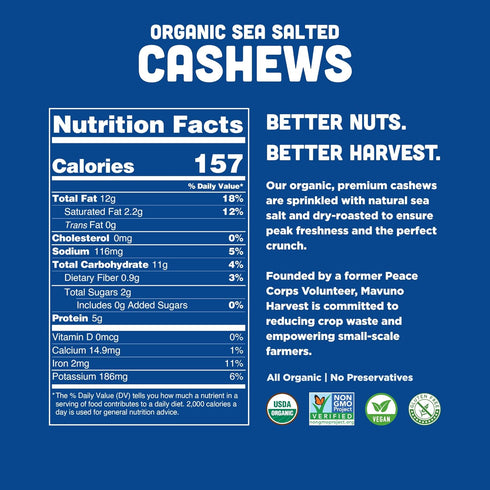 16 Pack 1 Mavuno Harvest Organic Roasted Cashews with Sea Salt | Dry Roasted Whole Cashew Nuts | Vegan, Non GMO Healthy