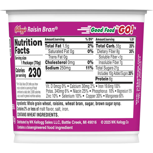 2.5 oz Kellogg's Raisin Bran Breakfast Cereal, High Fiber, Cup