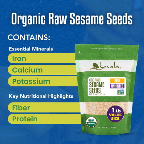 1 lb, 16 oz Kevala Organic Raw Sesame Seeds (Unhulled) - Gluten Free Seeds for Preparing Healthy Snacks, Ingredient