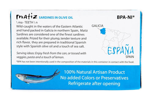 4.2 (Pack 5) Matiz Sardines in Olive Oil, Ounce Can of Spanish Gourmet Wild Caught Natural Fish for Tapas, Snacks