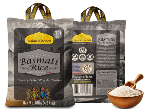 10lbs (4.54kg) Asian Kitchen Silver White Basmati Rice Extra Long Aged ~ All Natural | Gluten Friendly | Vegan | Indian