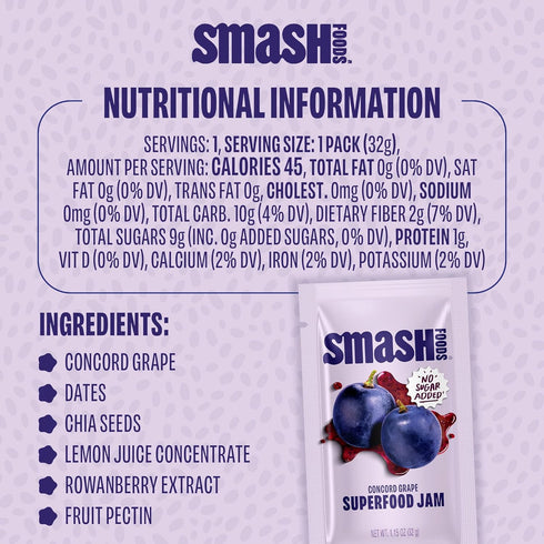 Packets 10 Smash Foods Grape Jam Squeeze | Single Serve | Natural, Keto & No Sugar Added | Vegan & Upcycled Fruit