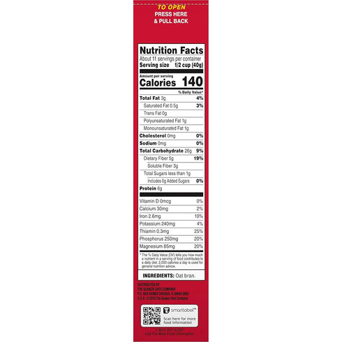 16 Quaker Hot Oat Bran Hot Cereal, Ounce Box