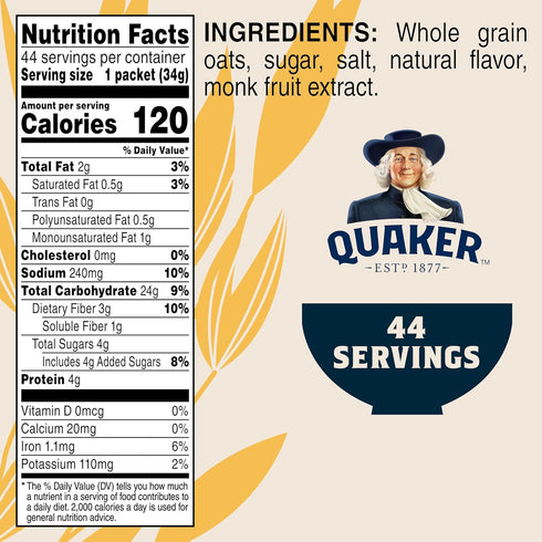 1.19 Oz, Pack 44 Quaker Instant Oatmeal Lower Sugar, Maple & Brown Sugar