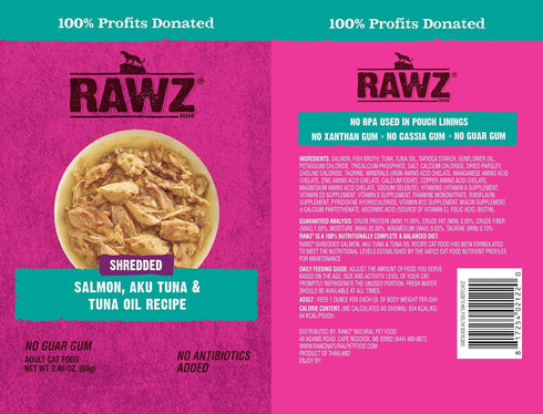 8/2.46 oz RAWZ Shredded Salmon, Aku Tuna & Tuna Oil Recipe Pouches
