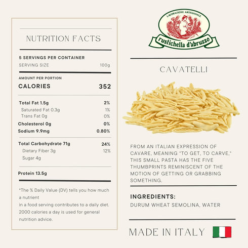 500g, 3-Pack Rustichella d'Abruzzo Cavatelli, Hand-Carved Pasta, Perfect for Soup & Rag, Classic Durum Wheat from