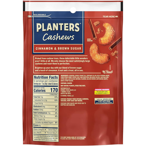 Pack Pack, 5 Oz (Pack 2) PLANTERS Cashews Cinnamon & Brown Sugar - Trail Mix Snack - Snacks with Cinnamon & Brown