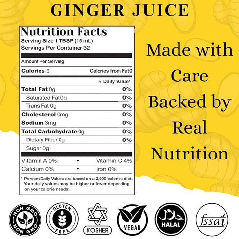 16.23 Oz (480ml) Basic Ayurveda Ginger Juice | Fl | First Press Virgin Extract | Supports Digestion & Vitality | Raw