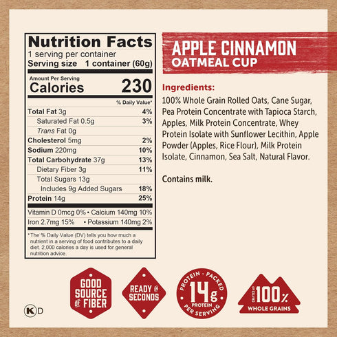 2.12oz (Pack 12) Kodiak Cakes Instant Protein Apple Cinnamon Oatmeal in a Cup