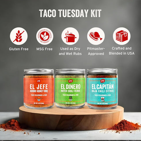 Pack PS Seasoning Taco Box El Jefe, El Dinero, El Capitan - Complete Taco Tuesday Seasoning Kit & BBQ Dry Rub Variety