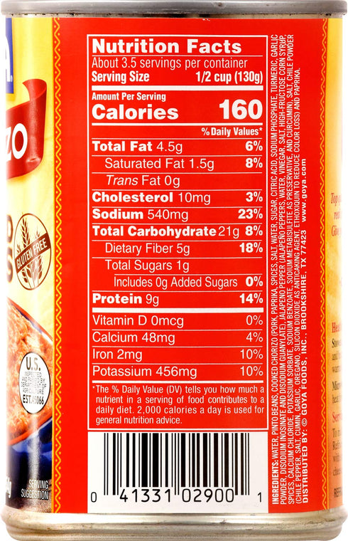 16 (Pack 12) Goya Foods Refried Beans Chorizo, Ounce