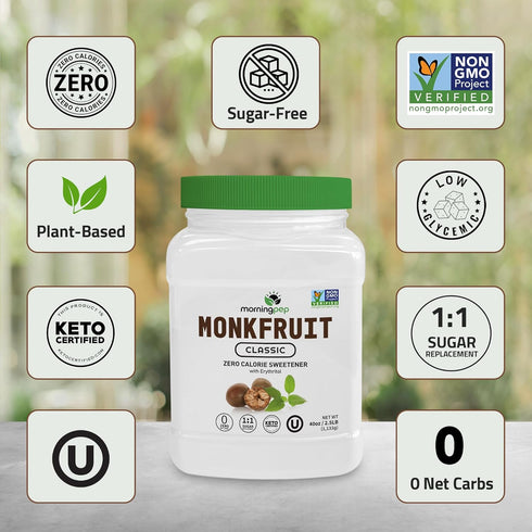 1:1 2.5 lb Morning Pep Monk Fruit Sweetener, Classic | White Sugar Substitute, Keto Diet Friendly, Sugar Replacement