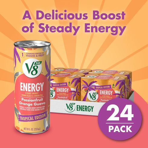 V8 +ENERGY 8 oz (24 Pack) Passionfruit Orange Guava Juice Energy Drink, fl Can