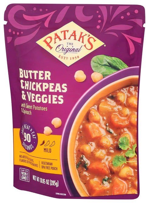 10.05 Oz (Pack 1) Patak's Butter Chickpeas & Veggies, of Mild Curry with Chickpeas, Spinach, Carrots, Ready to Heat