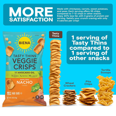 4-Pk 4oz BIENA Tasty Thins Veggie Crisps Made with Avocado Oil - Nacho, Bags Chickpeas & Veggies, Vegan, Gluten Free